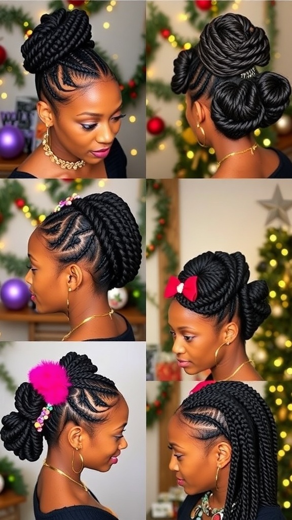 Festive Christmas Hairstyles for African Hair Collage of Christmas hairstyles for African hair including braided crown, twisted updo, Bantu knots, faux locs, and box braids with beads.